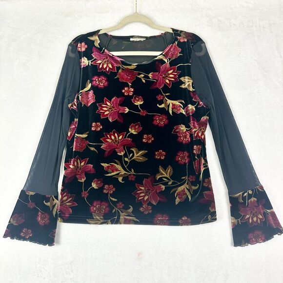 Vintage Tops - Vintage Velvet Mesh Flare Sleeve Top Large Whimsigoth Dark Floral Grunge Fairy